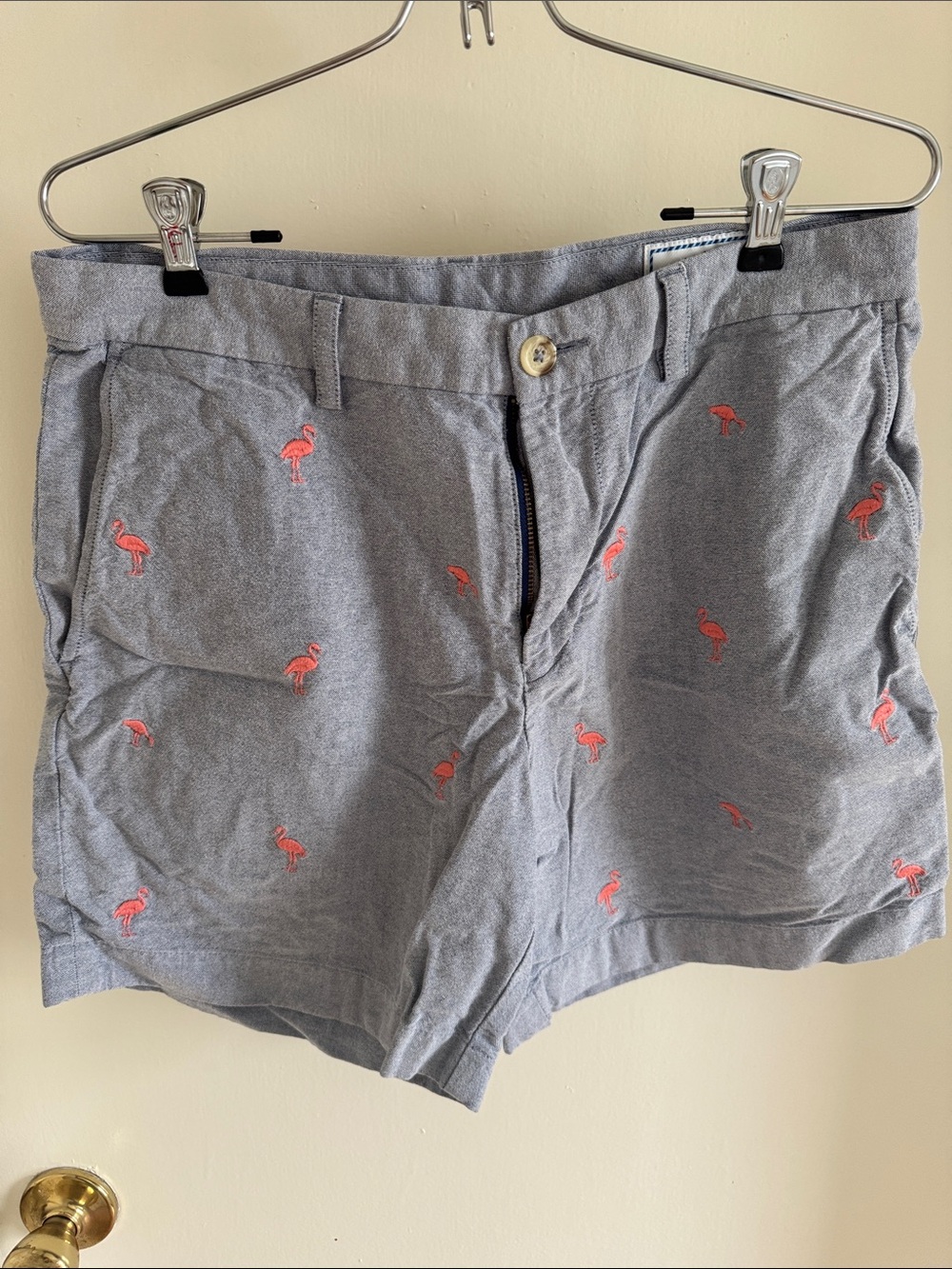 Southern Tide Gray Shorts with Pink Flamingo Embroidery